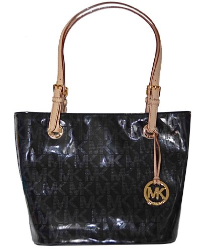 Michael Kors Black MK Mirror Metallic Item MD Tote Shoulder Bag Handbag Purse