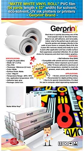 "MATTE WHITE PRINTING FILM VINYL ROLL" (54 Yards Length or 162 Feet x 53" Width) PVC Film for Solvent, Eco-solvent, UV Ink Plotters and Printers ***Gerprint Brand***