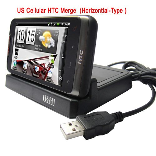 GSI Super Quality Desktop 3-In-1 Rapid Charger/Cradle/Data-Sync Docking Station For US Cellular HTC Merge Droid Cell Phone, Horizontal Style - Plus Slot For Extra Battery Charge - Powered By USB Or By Included AC Wall Adapter