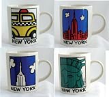 New York Demitasse Espresso Mug Souvenir Gift Set of 4: Taxi, Statue of Liberty, NY Skyline, Empire State Building Ceramic New York Mini Mug Espresso Cups with Artwork By Mary Ellis