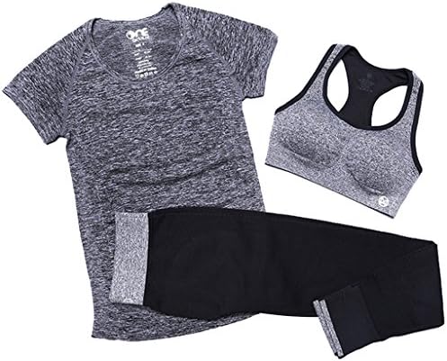 FstFshion Women Workout Running Gym T-shirt Bra Leggings 3 Piece Set Yoga Suits