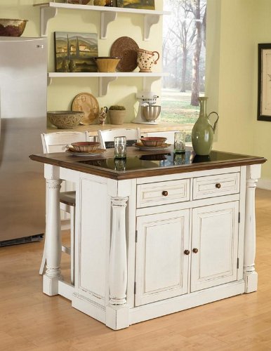 3pc Kitchen Island with Stools Set Antique Style in Antiqued White Finish 3pc Kitchen Island with Stools Set Antique Style in Antiqued White Finish
