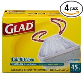 Glad Tall Kitchen Trash Bags, Drawstring White, 13 Gallon, 45-Count Boxes (Pack of 4)
