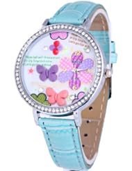 Sotijobs PU Leather Polymer Clay Rhinestone Butterfly Colorful Flower Womens Quartz Round Dial Wrist Blue