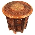 Carved Round Wooden Table In Floral Brass Inlay Work With Mesh Design Stand