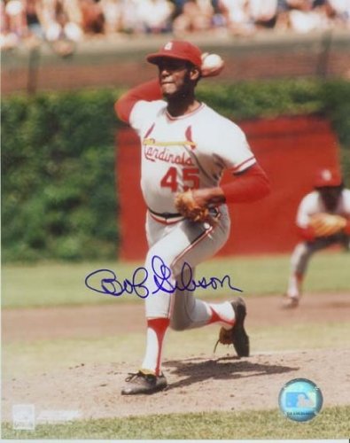 Bob Gibson Autographed/Hand Signed St. Louis Cardinals 8x10 Photo (White Jersey, Pitching)