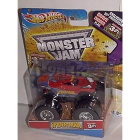  2012 HOT WHEELS GRAVE DIGGER 30TH ANNIVERSARY 1:64 SPIDERMAN MONSTER JAM TRUCK WITH EXCLUSIVE 30TH ANNV. GRAVE DIGGER FLAG