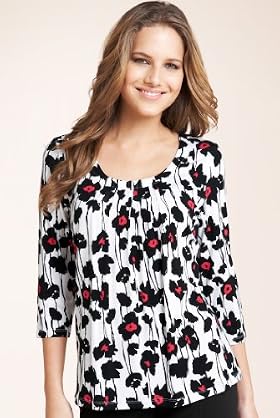 Scoop Neck 3-4 Sleeve 7 Pleat Poppy Print Jersey Top