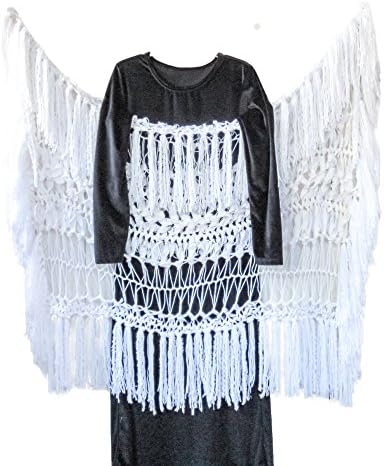 Handmade Boho Fashion Shawl Evening Wrap Open Airy White Crochet Lace Long Fringe (One Size)