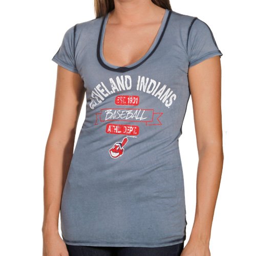Cleveland Indians Ladies Seam Wash Premium V-neck T-Shirt - Navy Blue (Small)