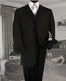Review   / NICE 3PC 4 BUTTON BLACK PINSTRIPE VESTED MENS SUIT WITH WIDE LEG PANTS BY: TESSORI UOMO. SUPER 150'S EXTRA FINE ITALIAN WOOL
