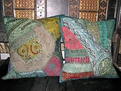 Vintage Sari Toss Cover -2 Light Blue Sequin Embroidery Pillow Cushion Covers