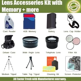 LENS ACCESSORY KIT FOR THE PANASONIC LUMIX DMC-FZ18 & DMC-FZ28 DIGITAL CAMERAS. KIT INCLUDES THE FOLLOWING 2X TELEPHOTO LENSES, WIDE ANGLE MACRO LENS, 3 PIECE FILTER KIT (UV,CPL,FLD),BATTERY, 4GB SD MEMORY CARD AND MUCH MORE ++ FREE SHIPPING!!!