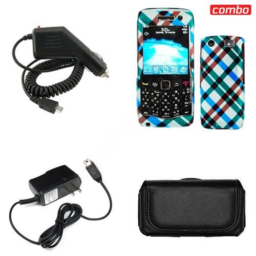 Blackberry pearl 9100 Combo Blue Plaid Protective Case Faceplate Cover + Rapid Car Charger + Home Wall Charger + Black Horizontal Leather Pouch for Blackberry pearl 9100