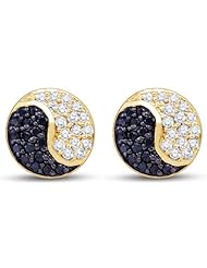 10K Yellow Gold Round Brilliant Cut Black and White Diamond - Round Shape Yin Yang Channel Set Studs Earrings - (.36 cttw.)