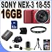 Sony Alpha NEX-3 Interchangeable Lens Digital Camera w/18-55mm Lens (Red) + 16GB SDHC Memory + Extended Life Battery + UV Filter + USB Card Reader + Memory Card Wallet + Shock Proof Deluxe Case + Accessory Saver Bundle!