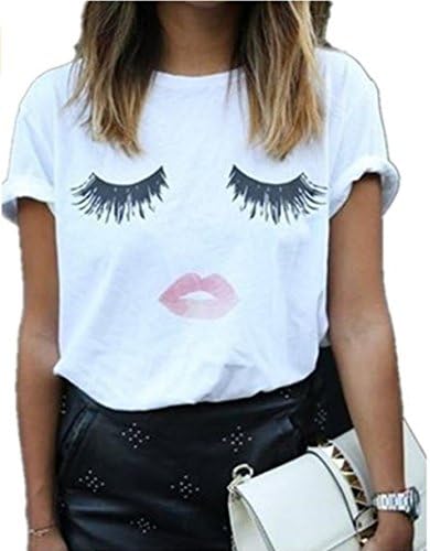 Mherl Summer Cute Eyelash Lips Printed Short Sleeve Tops Blouse Casual T Shirt
