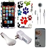 Colorful Dog Paw Design Protective 2 Piece Rubberized Crystal Hard Case Cover for Apple iPod Touch 4th Generation (8GB, 16GB, 32GB, 64GB) + Mirror Screen Protector for iPod Touch 4th Generation LCD Display Screen + USB Car Charger + USB Travel Wall Charger + White Hifi Noise Reducing Headphones / Earbuds On Sale