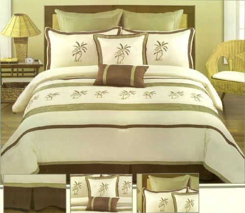 6 Pcs Embroidered Montego Bay Tropical Palm Tree Comforter Set Twin Sage/Beige