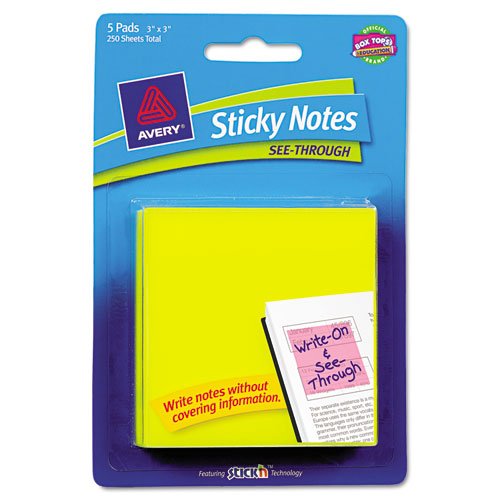 Avery® - See-Through Sticky Notes, 3 x 3, 50 Sheets, Yellow, 5/Pack - Sold As 1 Pack - Transparent notes with a writable surface stand out without covering information underneath.