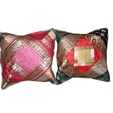 2 Cushion Covers Pink Red Vintage Silk Sari Paisley Brocade Toss Pillow Case