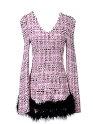 V-neck  Tweed Long Sleeves Skater Dress  With Pearls