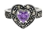 Silver Ladies Marquesite and Amethyst Heart Ring - Size P