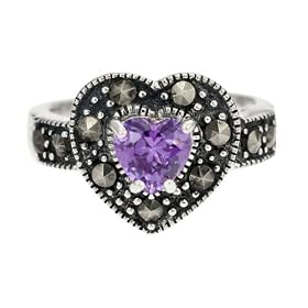 Silver Ladies' Marquesite and Amethyst Heart Ring - Size L