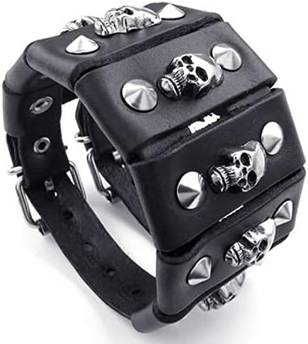 Mygoodie Jewelry Mens Leather Bracelet, Skull Cuff Bangle, Punk Rock, 7-9 inch, Black Silver