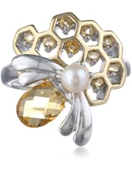 Sterling Silver Genuine Citrine and Chinese Freshwater Pearl Bee Honeycomb Ring, Size 7