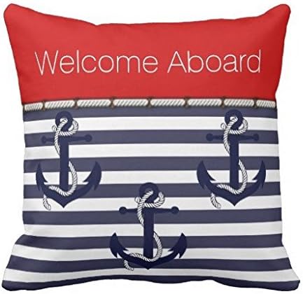 Welcome Aboard Nautical Anchor Chic Stripe Pattern Throw Pillow Case