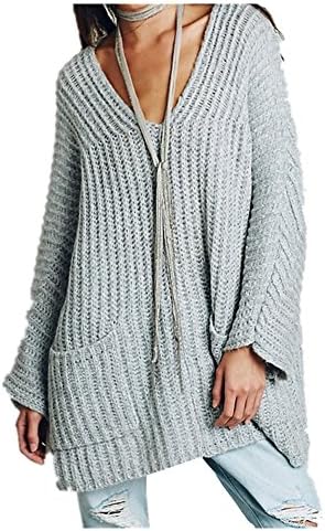 Wenfengshop Women Winter Raglan Sleeves Sweater Loose Pocket V-neck Sweater (Light Grey)