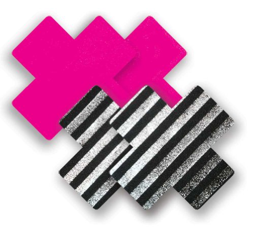 Nippies Pink Metallic Black Striped Cross Waterproof Adhesive Nipple Cover Pasties
