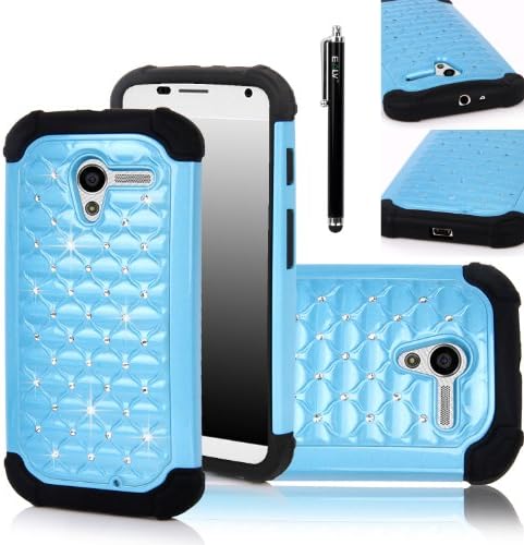 Moto X case, E LV Moto X Case Cover by Google - Studded Rhinestone Dual Layer Hybrid Bling Case Skin Cover for Motorola Moto X with Stylus and E-LV Microfiber Digital Cleaner - Blue