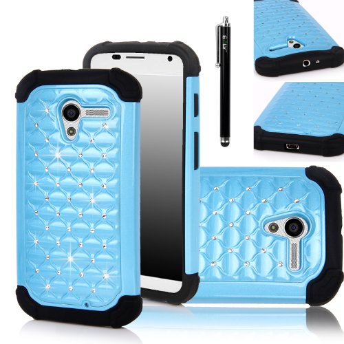 Moto X case, E LV Moto X Case Cover by Google - Studded Rhinestone Dual Layer Hybrid Bling Case Skin Cover for Motorola Moto X with Stylus and E-LV Microfiber Digital Cleaner - Blue