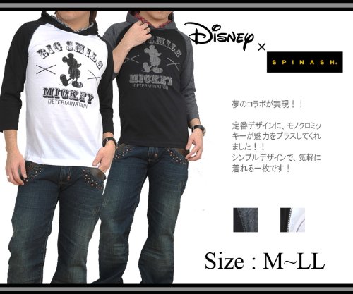 SPINASH×DISNEY / ラグランカラー切替 モノクロMICKEYプリント プルオーバー 7分丈 パーカー