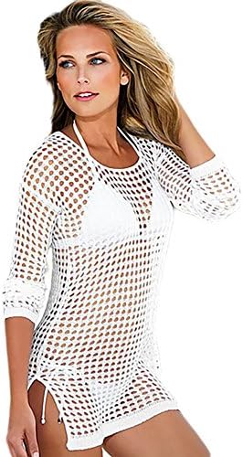 JiTM Womens Hollow Fishnet Crochet Coverups Swimsuits Beach Dress Yellow Small