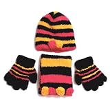 Gold Medal Girls Black Stripe Chenille PomPom Hat Gloves Scarf Set
