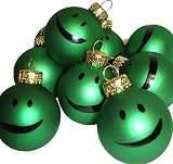 Set of 9 Green Smiley Face Glass Ball Christmas Ornaments 1.25 #93820