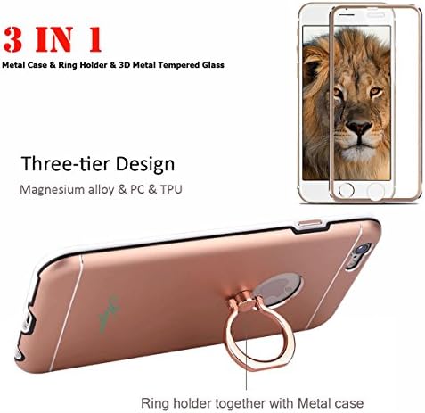 3in1 Iphone 6 PLUS Metal Case, Hugoo Metal Ring Holder Case For Iphone 6 6S Plus, With Iron Plate For Magnet Car Holder Gold, 3D Metal Curved Edge Tempered Glass Screen Protector