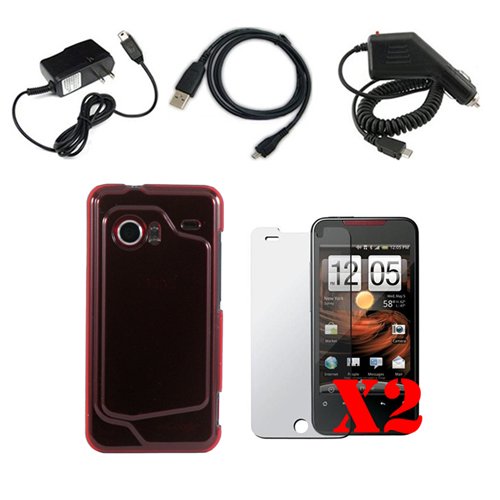 Protect and Charge Combo Kit for the HTC Droid Incredible- Crystal Hard Case (Red Case) plus Two, (2) Screen Guard Protectors, plus Three, (3) piece car and wall charger/USB Cable Combo