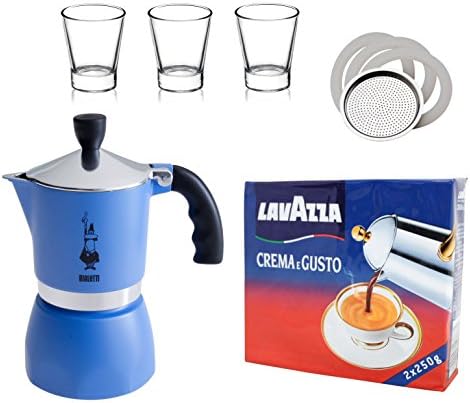 Set Italian Coffee+Moka #48: Bialetti "Fiammetta" 3-Cup BLUE + 3 Coffee Cups + 2 Packs of Lavazza "Crema e gusto" [ Italian Import ]