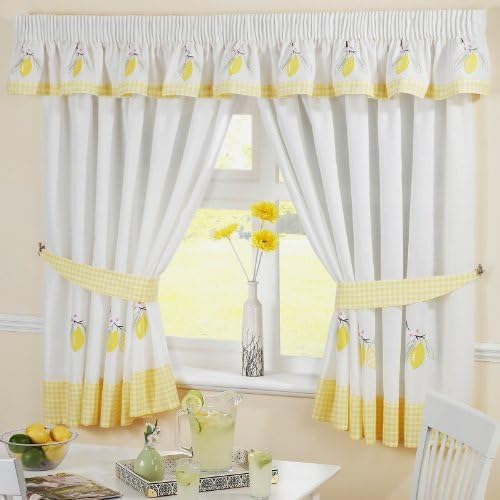 LEMONS GINGHAM KITCHEN EMBROIDERED CURTAINS YELLOW W46" X L54" INC TIE BACKS