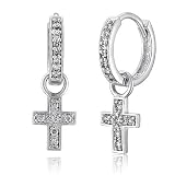 Sterling Silver 925 Cubic Zirconia CZ Hoop Huggie Cross Drop Earrings