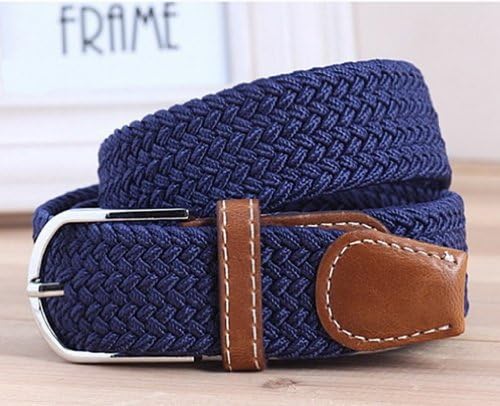 ETSYG Navy Blue Braid Handmade Belt Elastic Woven Women Accessory Brown PU Leather