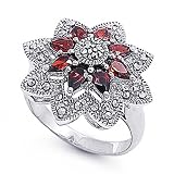 Rhodium Plated Sterling Silver Wedding & Engagement Ring Garnet CZ Marcasite Ring 22MM ( Size 6 to 10)