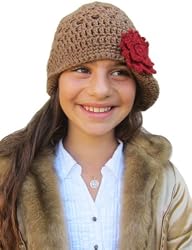 Handmade Acrylic Trendy Hat for Teens/Women - Caffe Latte (Large/crocheted removable flower pin)