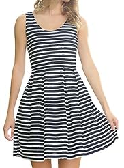Striped Print Cotton/Nylon/Spandex Sleeveless Bandeau Neck Skater Dress/Mini Dress 