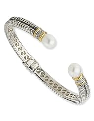 Sterling Silver w14k 11.5mm FW Cultured Pearl 1/10ct. Dia. Cuff Bracelet