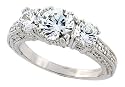 Sterling Silver Vintage Style Three-Stone Engagement Ring w/ Rhodium Plating, w/ two 5mm (0.50 Carat each) & one 7mm (1.25 Carats) Brilliant Cut CZ Stones, 1/4" (7mm) wide